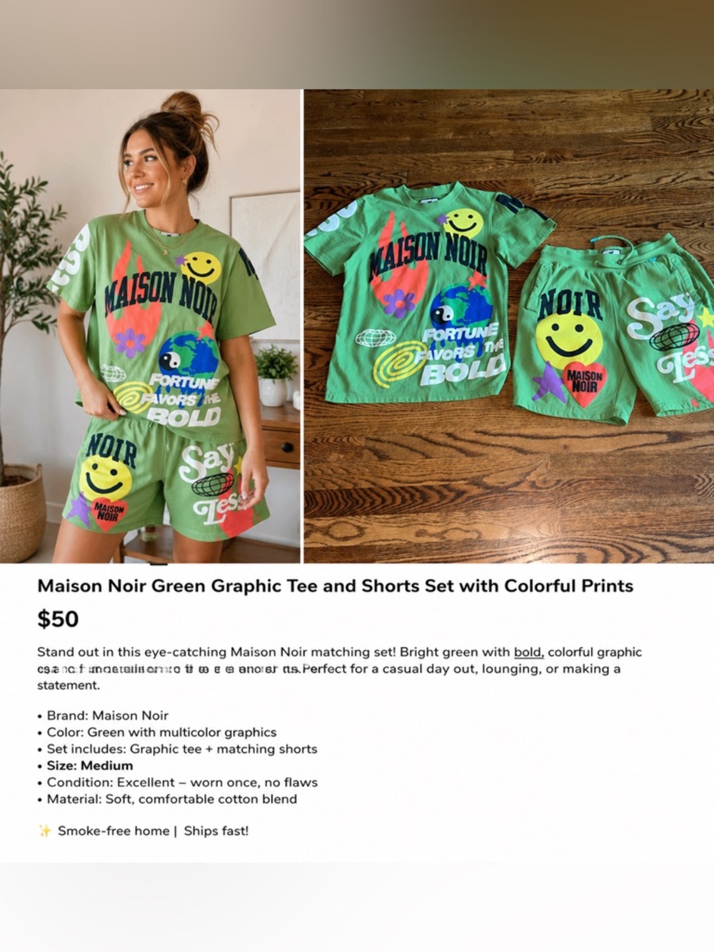 Maison Noir Green Graphic Tee and Shorts Set Colorful Prints Unisex Size Small